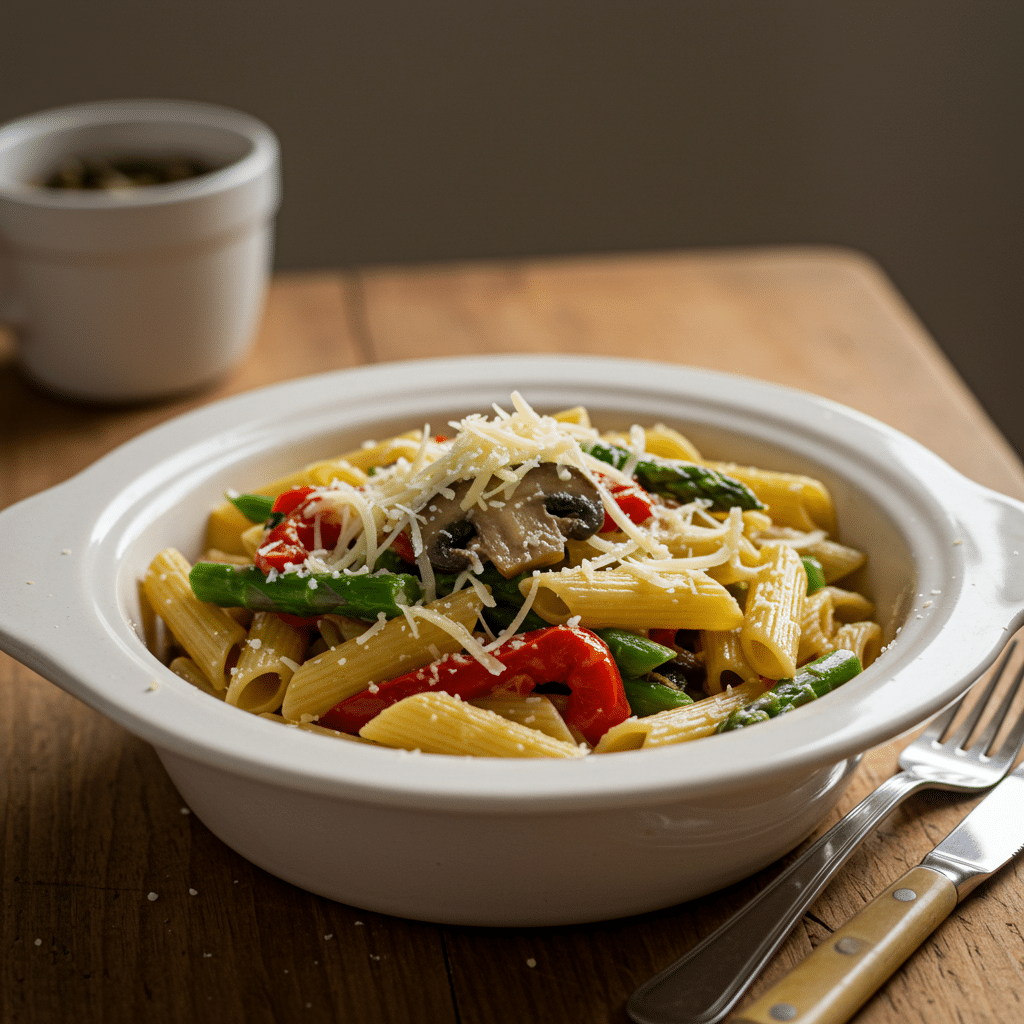 Asparagus mushroom red pepper pasta recipe in a rustic bowl