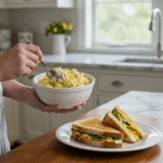 Person scooping creamy egg salad into a bowl with Masters-style sandwich on plate in kitchen