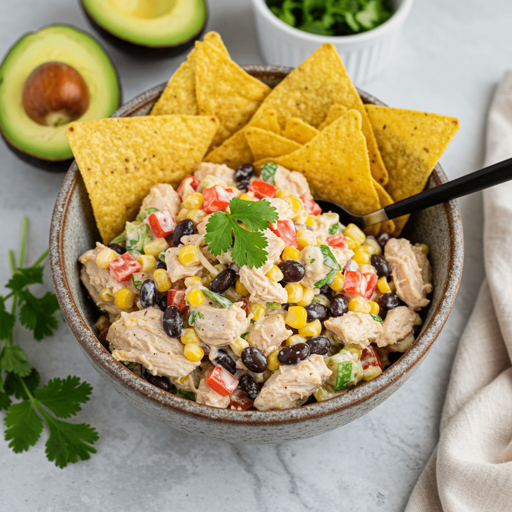 southwest chicken salad recipe on a rustic table