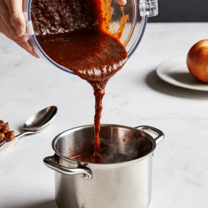 Blended adobo sauce being poured into saucepan