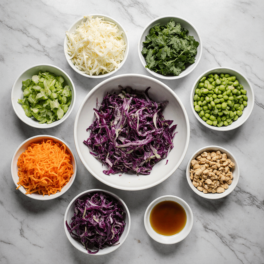 Ingredients for Asian salad recipe on marble counter