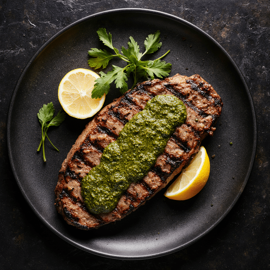 Chimichurri sauce over grilled steak