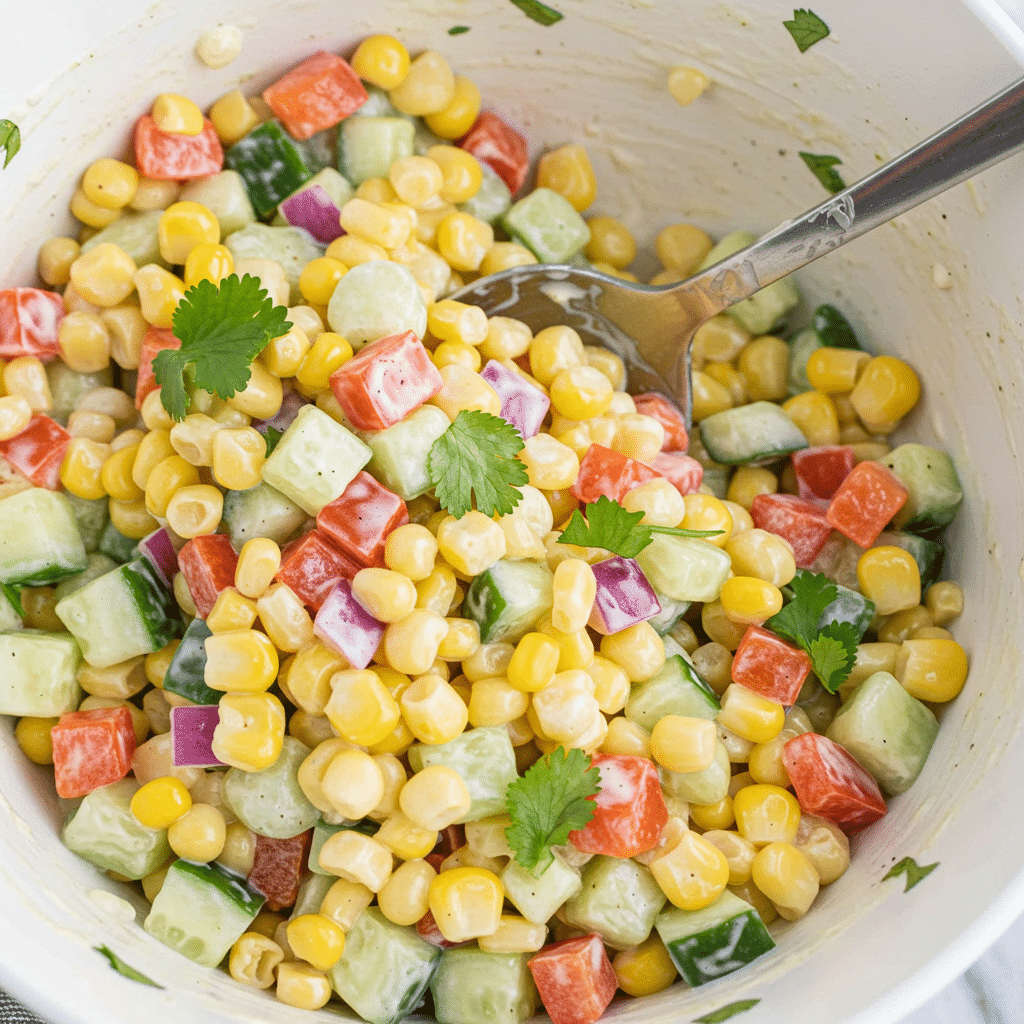 creamy-corn-salad-with-spoon Irresistible Corn Salad Recipe