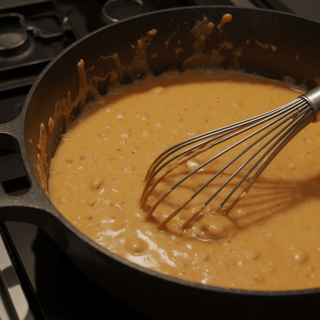 Creamy queso sauce cooking in skillet