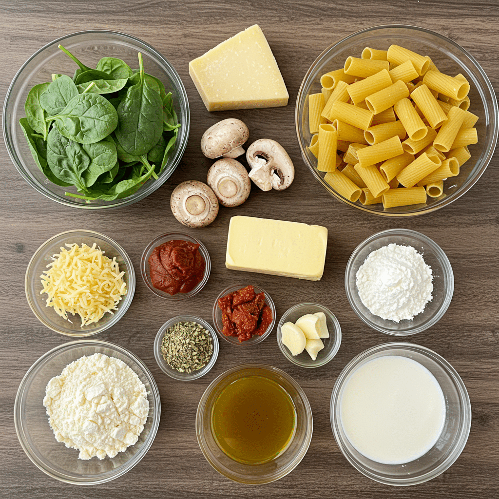 flat lay ingredients for creamy marry me pasta recipe