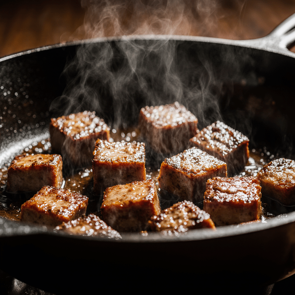 Steak searing in pan for queso rice recipe