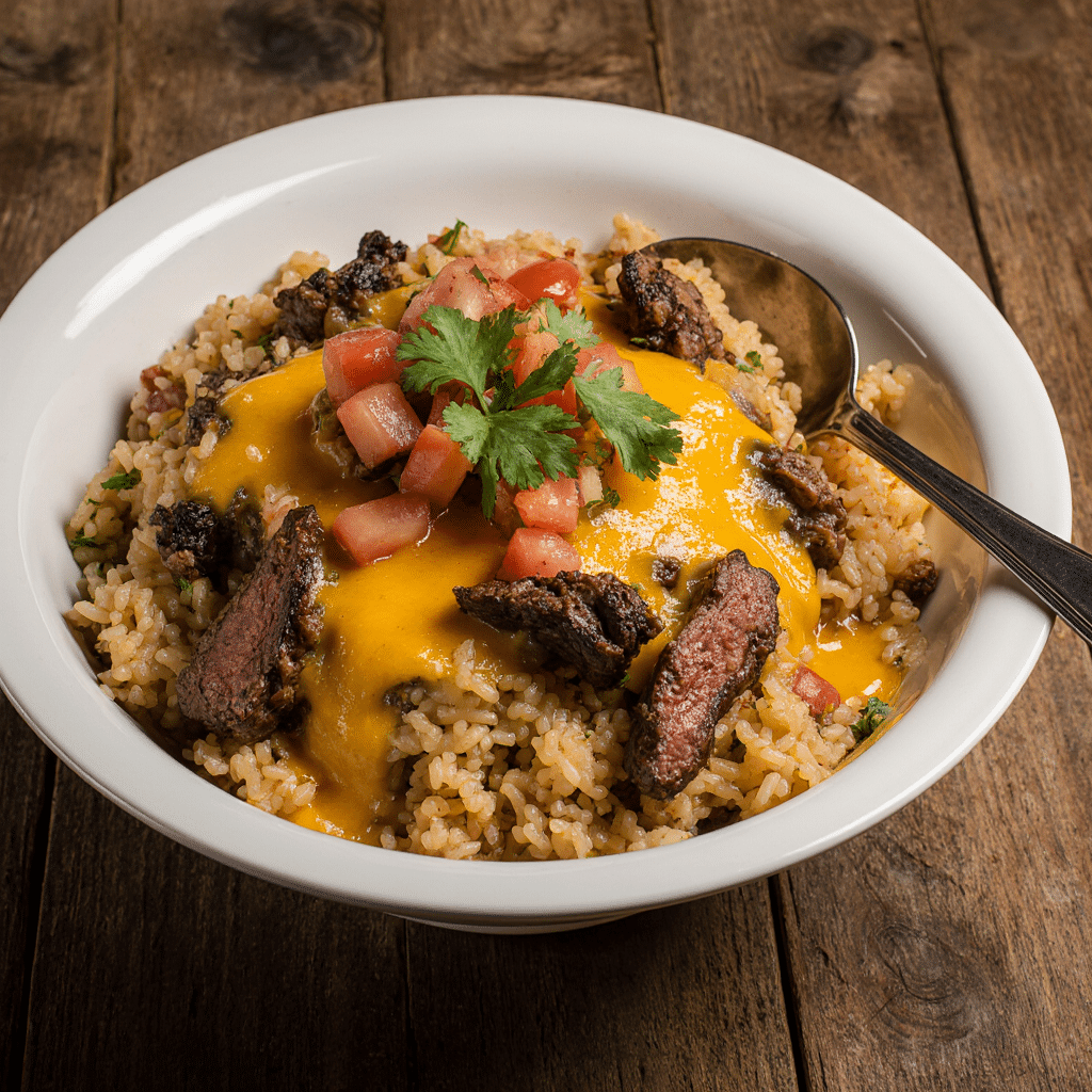 steak queso rice