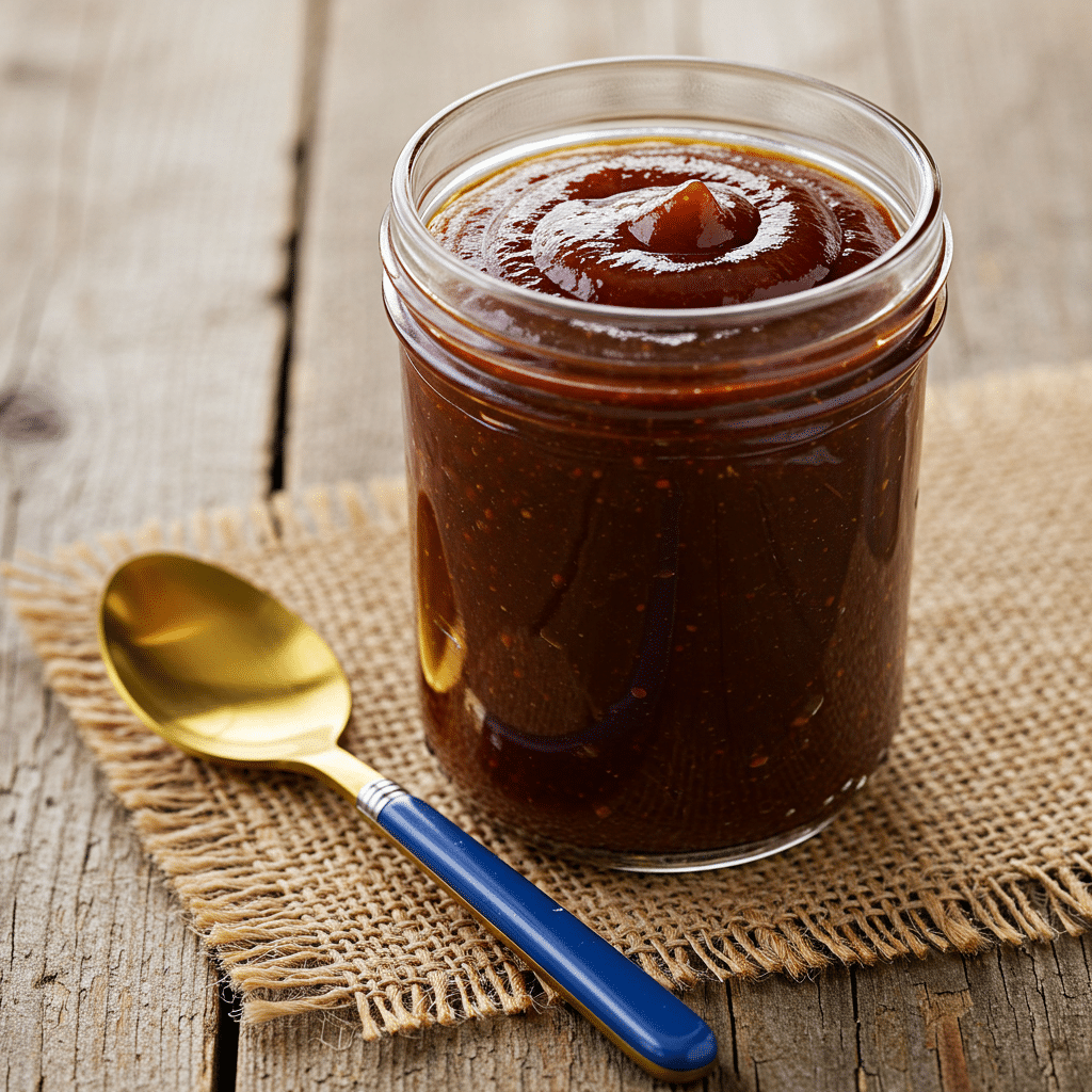 Jar of sugar free barbecue sauce on burlap with gold spoon