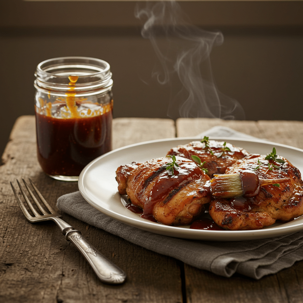 Sugar free barbecue sauce jar with grilled chicken plate in front