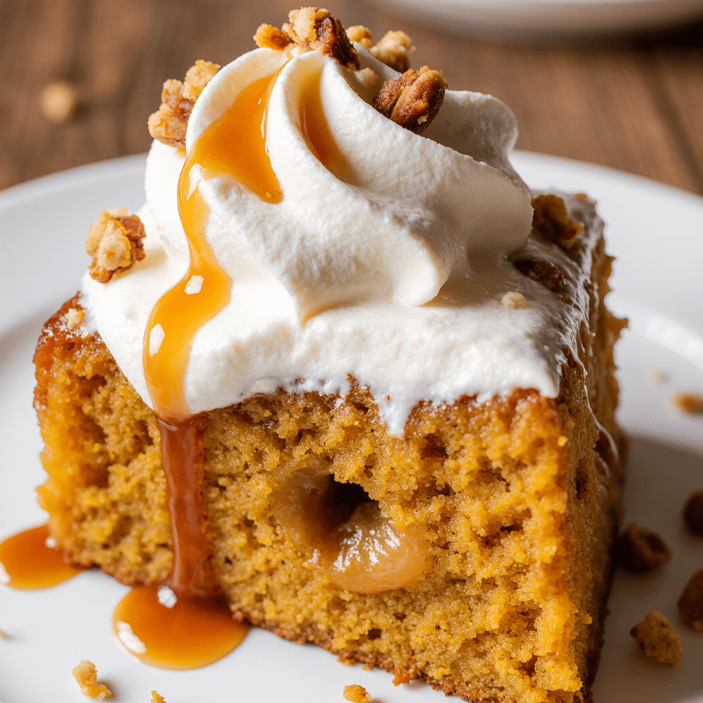 Slice of Pumpkin Poke Cake with caramel drizzle and whipped cream