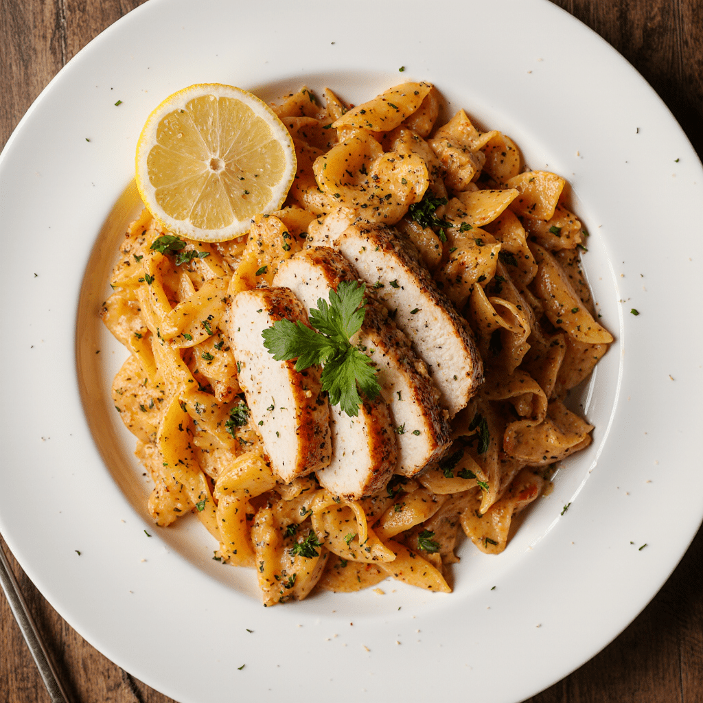 Cajun chicken pasta served with garnish