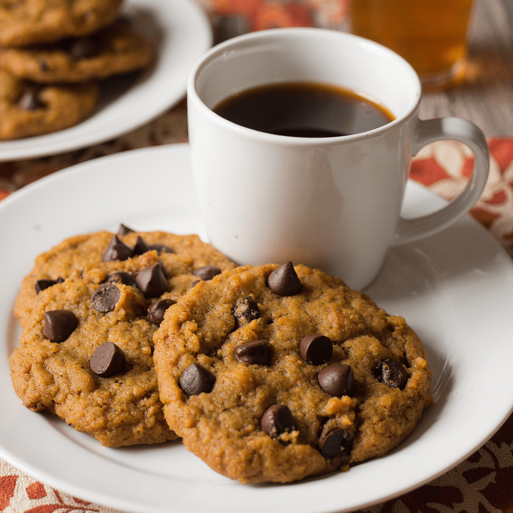 Chewy pumpkin oatmeal chocolate chip cookies served with coffee