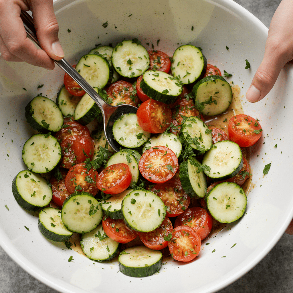 Mixing cucumber tomato salad