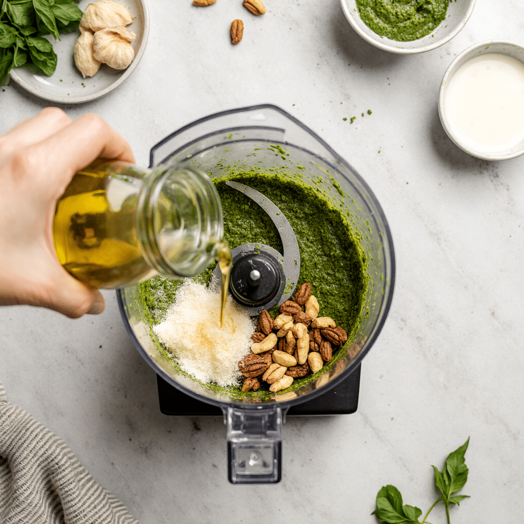 blending ingredients for creamy pesto sauce in food processor