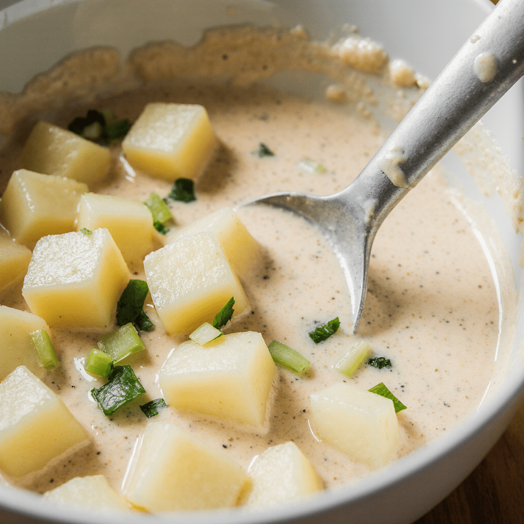 mixing creamy potato salad