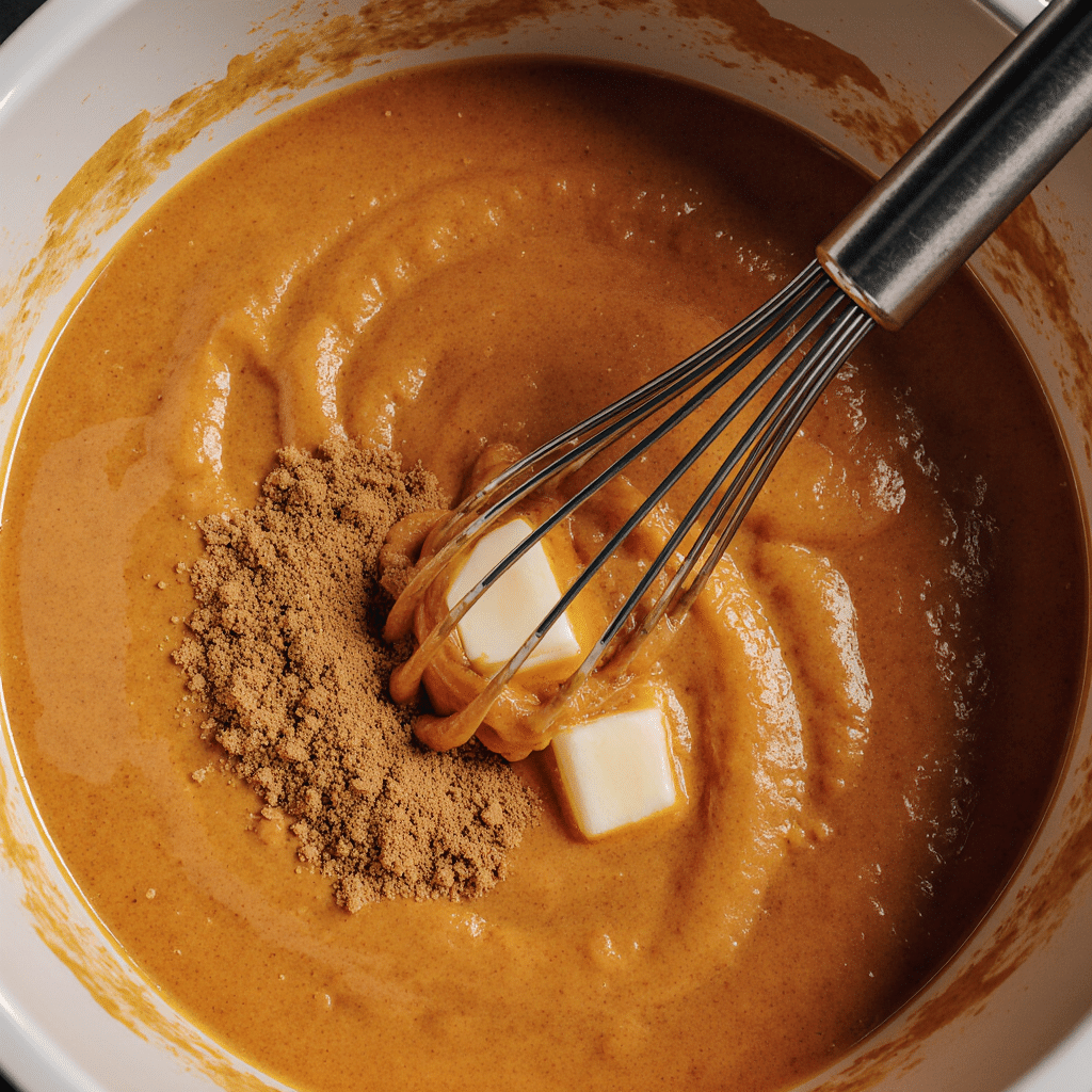 Wet ingredients for chewy pumpkin oatmeal chocolate chip cookies in bowl
