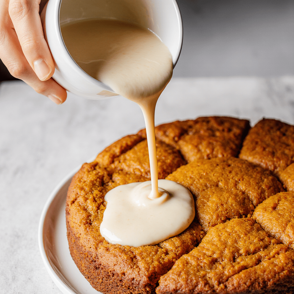 Pouring creamy filling into pumpkin poke cake