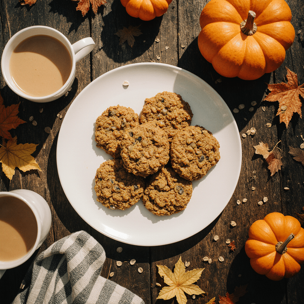 healthy pumpkin oat cookies served with tea in cozy setting